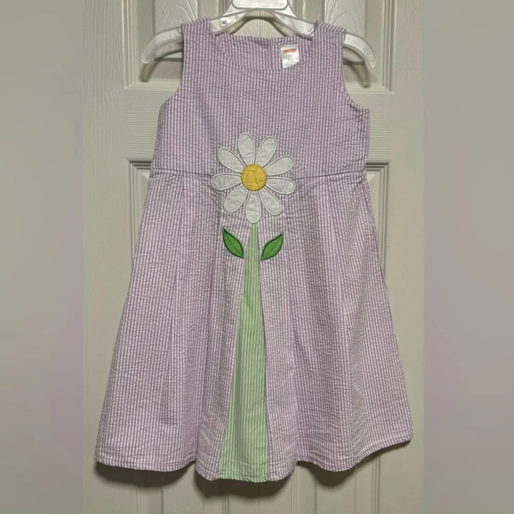 Gymboree Girls Purple and White Striped Daisy Seersucker Shift Dress
